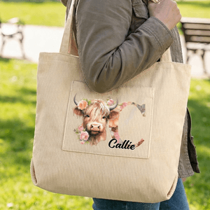 Personalised Floral Highland Cow Corduroy Tote Bag with Letter and Name Daily Use Birthday Mother's Day Gift for Girls Women