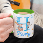 Personalized Cute Cartoon Character Initial 11 oz/15 oz Ceramic Mug with Name and Handle Birthday Gift for Boys Girls
