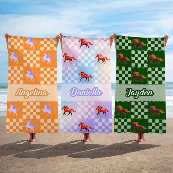 Personalized Chessboard Color-Blocking Horse Quick Dry Microfiber Beach Towel with Name Vacation Essential Birthday Gift for Horse Lovers