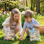 Bolsa transparente personalizada con nombre e inicial diseño de pascua con lazo rosa conejo y pollitos regalo de fiesta para niños