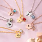 Personalised Birthstone Geometric Necklace with Engraved Initial Dainty Jewellery Birthday Children's Day Gift for Kids
