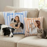 Personalized Watercolour Stripe Pet Family Photo Throw Pillow Cover with Name Title Text Pet Birthday Mother's Day Gift for Woman Pet Owner