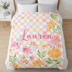 Personalised Flower Colourful Checkered Design Soft Throw Blanket with Name Home Decor Mother’s Day Birthday Gift for Woman