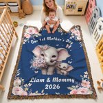 Personalizzato Carino Cartoon Elefante Mamma Bambino Fiore Coperta morbida con testo Home Decor Anniversario Regalo per la festa della mamma nonna