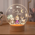 Personalised Children's Cartoon Character Forest Animals Acrylic Night Light with Name and Wooden Base Room Decor Mother's Day Gift for Mom Baby
