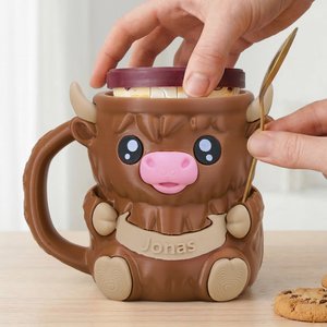 Personalised Highland Cow Ice Cream Pint Holder with Hidden Dice Drawer and Name Birthday Gift for Highland Cow Lovers