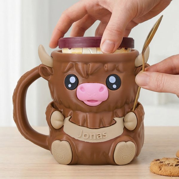 Personalisierte Highland Cow Ice Cream Pint Halter mit versteckten Würfel Schublade und Name Geburtstag Geschenk für Highland Cow Liebhaber