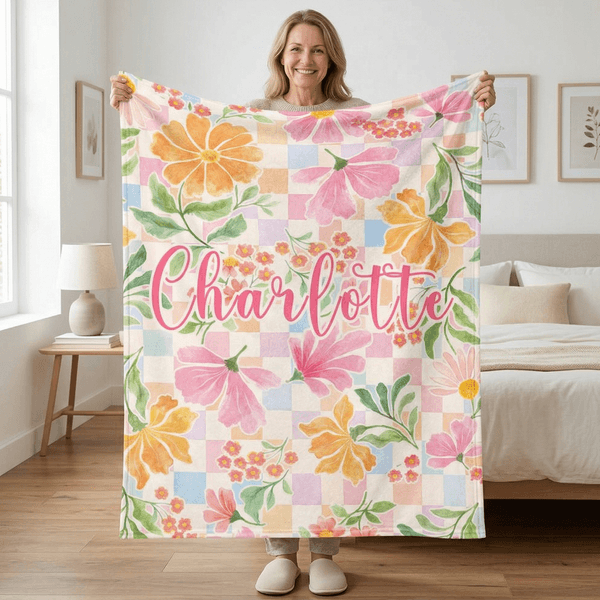 Personalized Flower Colorful Checkered Design Soft Throw Blanket with Name Home Decor Mother’s Day Birthday Gift for Woman