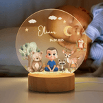 Personalised Children's Cartoon Character Forest Animals Acrylic Night Light with Name and Wooden Base Room Decor Mother's Day Gift for Mom Baby