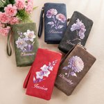 Personalized Pearl Effect Birth Flower Tri-Fold PU Leather Wristlet Wallet with Card Holder and Name Birthday Mother's Day Gift for Woman Mom
