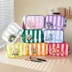 Personalized Multicolor Birth Flower Striped Makeup Bag with Name and Tassel Travel Essential Birthday Mother's Day Gift for Women