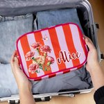 Personalized Multicolor Birth Flower Striped Makeup Bag with Name and Tassel Travel Essential Birthday Mother's Day Gift for Women