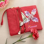 Personalized Pearl Effect Birth Flower Tri-Fold PU Leather Wristlet Wallet with Card Holder and Name Birthday Mother's Day Gift for Woman Mom
