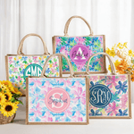 Personalised Summer Tropical Floral Monogram Large Capacity Jute Tote Bag with Name Daily Use Birthday Gift for Bestie Sister Woman
