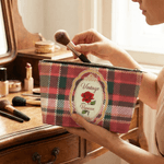 Trousse de maquillage personnalisée Vintage Plaid Birth Flower avec nom Cadeau d'anniversaire de la fête des mères pour maman femme