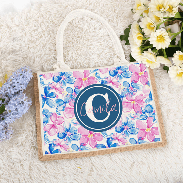 Personalised Summer Tropical Floral Monogram Large Capacity Jute Tote Bag with Name Daily Use Birthday Gift for Bestie Sister Woman