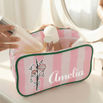 Personalized Multicolor Retro Birth Flower Bouquet Striped Makeup Bag with Tassel and Name Daily Travel Essential Birthday Gift for Women