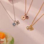 Personalised Birthstone Geometric Necklace with Engraved Initial Dainty Jewellery Birthday Children's Day Gift for Kids