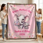 Personalizzato Carino Cartoon Elefante Mamma Bambino Fiore Coperta morbida con testo Home Decor Anniversario Regalo per la festa della mamma nonna