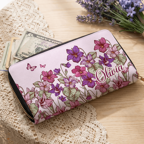 Personalised Birth Flower PU Leather Hand Wallet with Name and Multiple Compartments Travel Accessories Mother's Day Birthday Gift for Women Girls