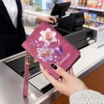 Personalized Pearl Effect Birth Flower Tri-Fold PU Leather Wristlet Wallet with Card Holder and Name Birthday Mother's Day Gift for Woman Mom