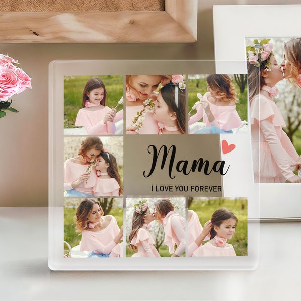 Personalised 7 Family Photos Collage Square Acrylic Plaque with Title and Text Home Decor Mother's Day Birthday Gift for Mom Grandmother