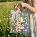 Bolsa transparente personalizada con nombre e inicial diseño de pascua con lazo rosa conejo y pollitos regalo de fiesta para niños
