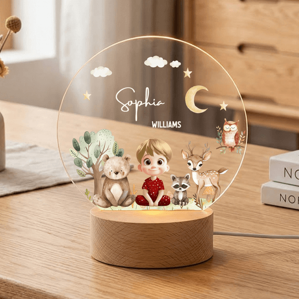 Personalised Children's Cartoon Character Forest Animals Acrylic Night Light with Name and Wooden Base Room Decor Mother's Day Gift for Mom Baby