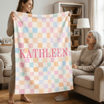 Personalised Flower Colourful Checkered Design Soft Throw Blanket with Name Home Decor Mother’s Day Birthday Gift for Woman