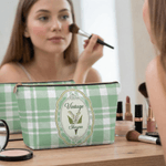 Trousse de maquillage personnalisée Vintage Plaid Birth Flower avec nom Cadeau d'anniversaire de la fête des mères pour maman femme