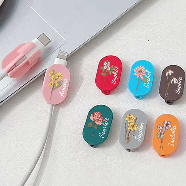 Personalised Multicolor Birth Flower Set of Cable Protector with Name Compatible iPhone Type-C Phone Accessory Birthday Gift for Family Friends