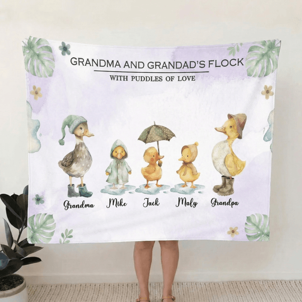 Personalised Watercolor Duck Flock Soft Throw Blanket with Names and Title Mother's Day Birthday Gift for Grandma Family