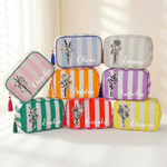 Personalized Multicolor Retro Birth Flower Bouquet Striped Makeup Bag with Tassel and Name Daily Travel Essential Birthday Gift for Women