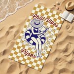 Personalizzato Chill Vibes Nuoto Donna Stripe Checker Asciugatura rapida Asciugamano da spiaggia morbido e sovradimensionato con nome Regalo di compleanno estivo per le vacanze per le donne