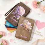Personalized Pearl Effect Birth Flower Tri-Fold PU Leather Wristlet Wallet with Card Holder and Name Birthday Mother's Day Gift for Woman Mom