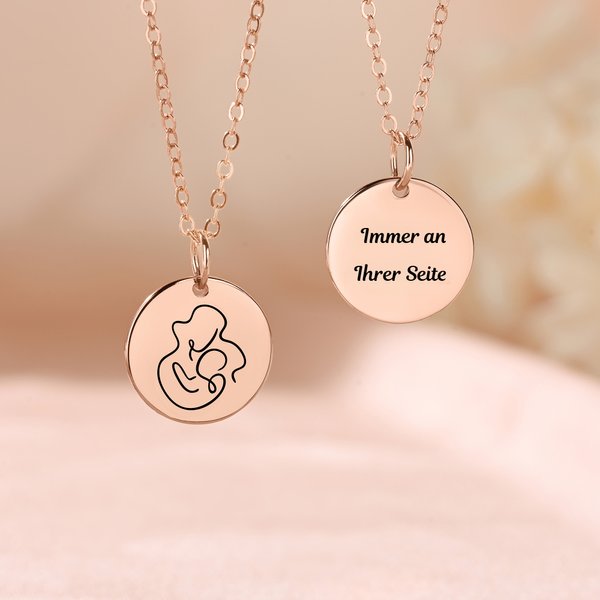 Personalisierte Münz-Halskette mit Herz-Umarmung | Line-Art-Design | mit eingraviertem Text | Geburtstag Muttertag Geschenk für Mama Oma