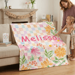 Personalised Flower Colourful Checkered Design Soft Throw Blanket with Name Home Decor Mother’s Day Birthday Gift for Woman