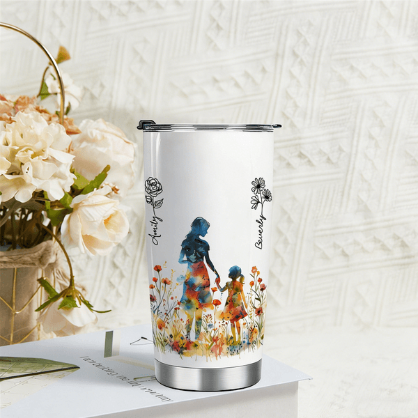 Personalised Colourful Mom Daughter Silhouette 20 oz Tumbler with Name and Birth Flower Mother's Day Birthday Gift for Mom Grandmother