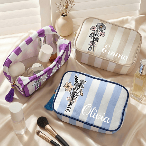 Personalized Multicolor Retro Birth Flower Bouquet Striped Makeup Bag with Tassel and Name Daily Travel Essential Birthday Gift for Women