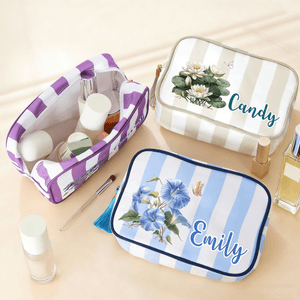 Personalized Multicolour Birth Flower Striped Makeup Bag with Name and Tassel Travel Essential Birthday Mother's Day Gift for Women