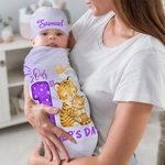 Personalised Our 1st Mother's Day Animal Mom Baby 100% Cotton Soft Swaddle and Hat Set with Year and Name Baby Shower Birthday Gift for Baby Newborn