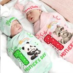 Personalised Our 1st Mother's Day Animal Mom Baby 100% Cotton Soft Swaddle and Hat Set with Year and Name Baby Shower Birthday Gift for Baby Newborn