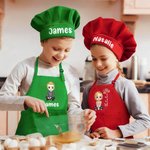 Personalised Cartoon Character Birth Flower Name Adjustable Kid Apron Chef Hat Set with Pocket for Cooking Christmas Birthday Gift for Boys Girls