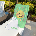 Personalized Rainbow Smile Sun Quick Dry Oversized Microfiber Beach Towel with Name Summer Beach Party Use Birthday Gift for Family Friend Girl