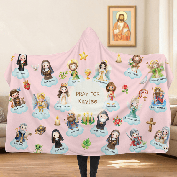 Gepersonaliseerde Cartoon Heilige Heiligen van de Hemel Beschermer Zachte Hooded Deken met Naam Verjaardag Doop Cadeau voor Kinderen Christenen