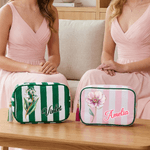 Trousse de maquillage en toile rayée personnalisée avec pompon et nom Cadeau d'anniversaire de la fête des mères pour maman