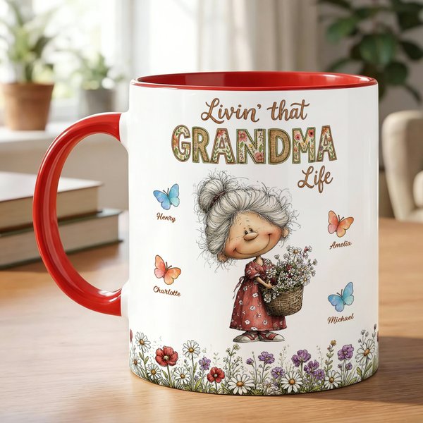 Personalised Cute Cartoon Grandma Butterfly 11 oz 15 oz Ceramic Coffee Mug with Names Mother's Day Birthday Gift for Grandma