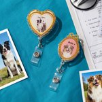Personalised Gold Bow Retro Frame Pet Photos Acrylic Badge Reel with Names Birthday Adopt Anniversary Daily Use Gift for Pet Owner Lover
