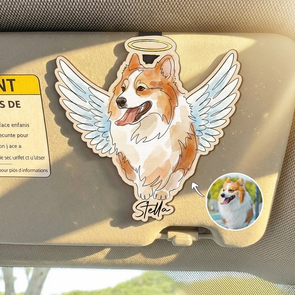 Personalised Watercolor Angel Design Pet Photo Car Visor Clip with Name Car Accessory Pet Loss Memorial Gift for Pet Owner Lover