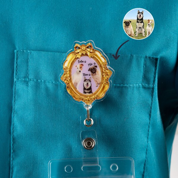 Personalised Gold Bow Retro Frame Pet Photos Acrylic Badge Reel with Names Birthday Adopt Anniversary Daily Use Gift for Pet Owner Lover